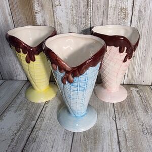 Royal Norfolk Ice Cream Cone Dessert Cups Set of 3 Chocolate Drip Ceramic